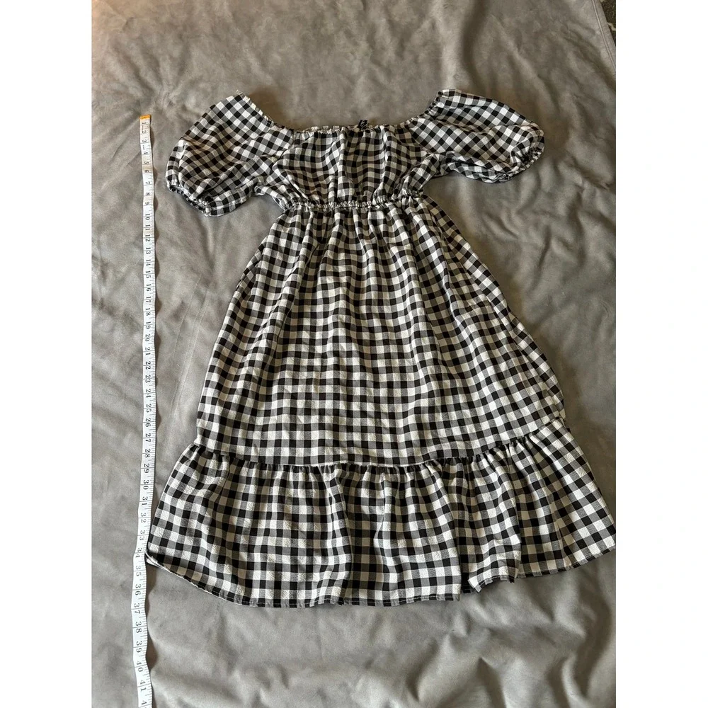Black White Gingham Off Shoulder Puff‎ Sleeve Ruffle Tiered Mini Dress